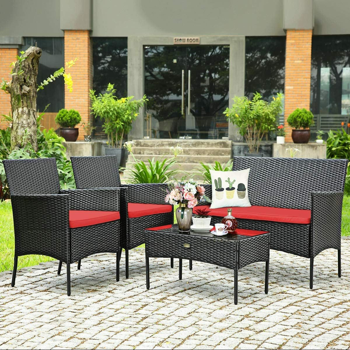 Set Patio Furniture Rattan Sofa Chair Outdoor 4Pcs Table Cushioned Garden Set