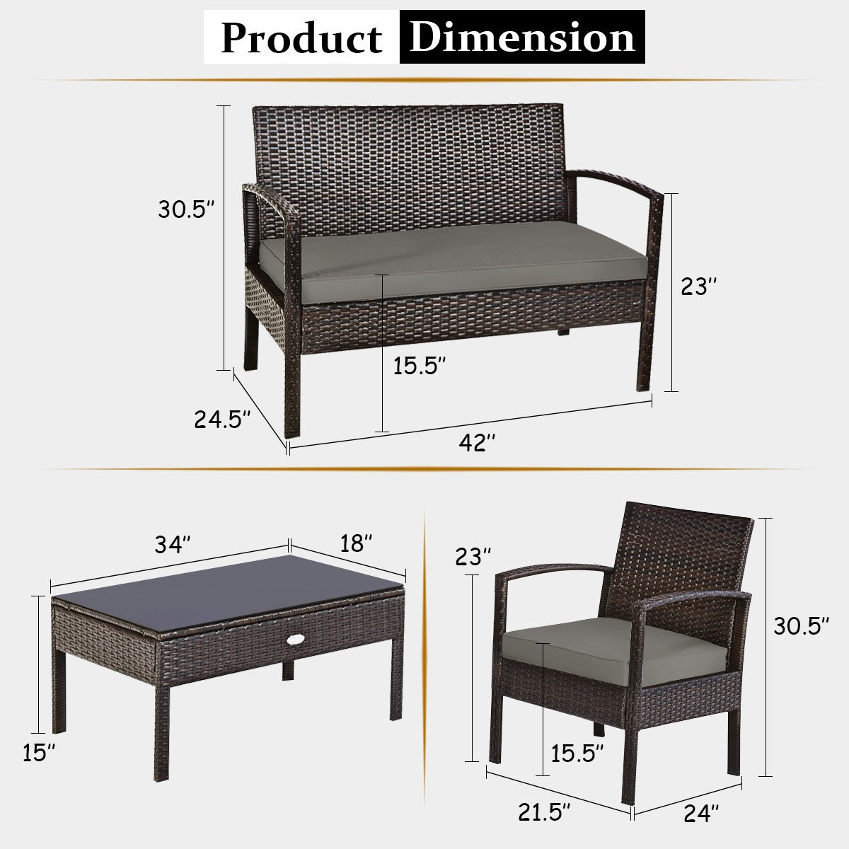 4PCS Outdoor Patio Rattan Furniture Set Cushioned Sofa Coffee Table Deck