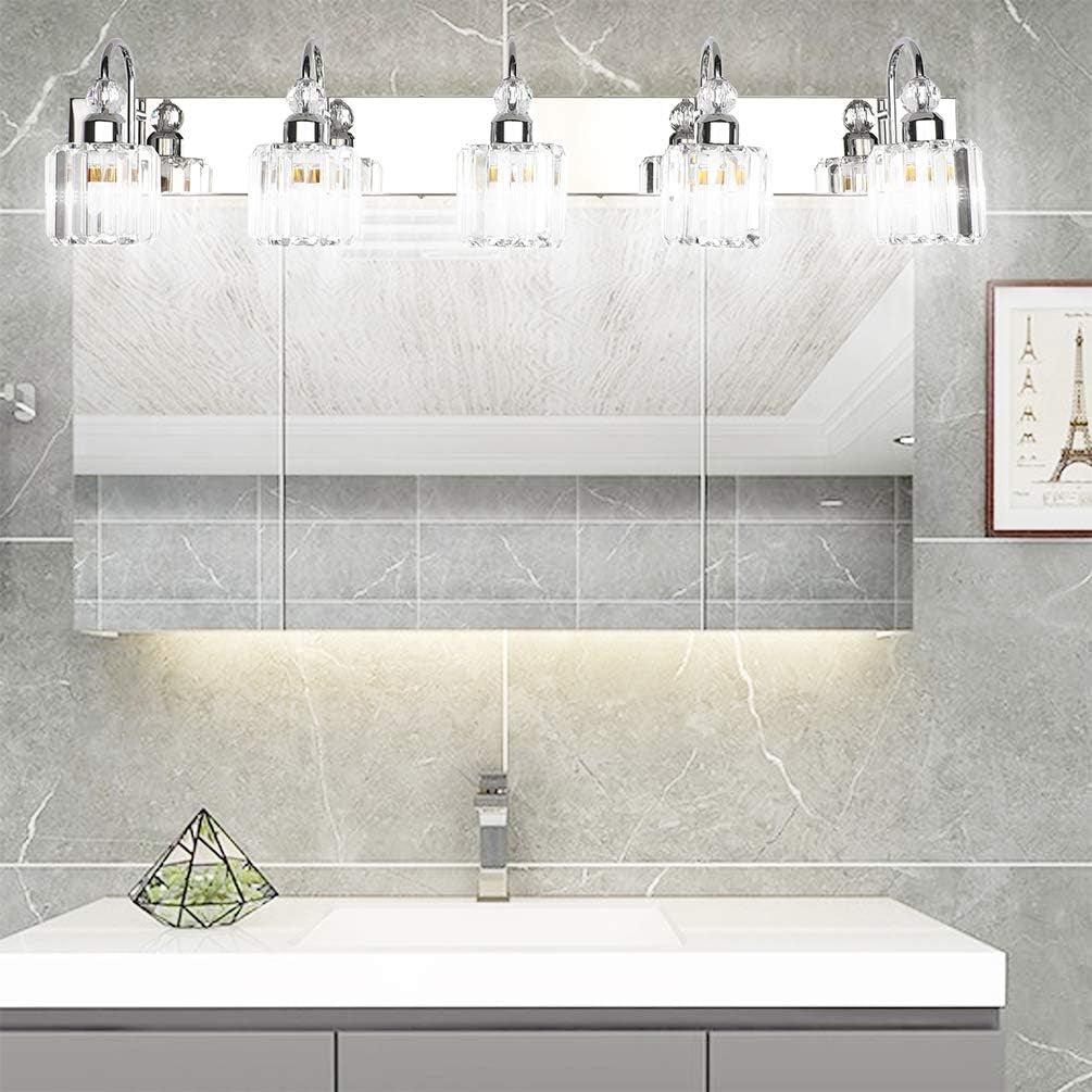 Modern LED Crystal Bathroom Vanity Lights 5-Lights Stainless Steel Crystal Vanity Lights over Mirror Modern Crystal Bathroom Vanity Lighting Fixtures