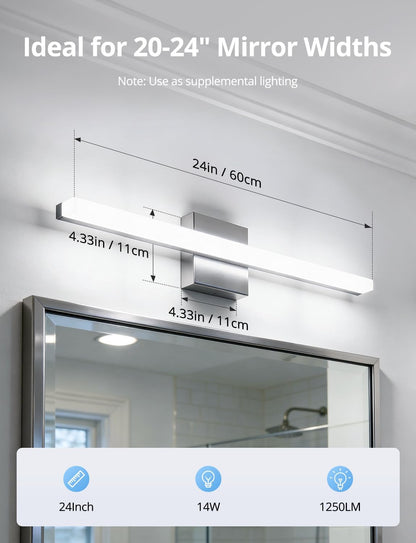 24 Inch Vanity Lights above Mirror Modern Gentle Lighting Bar for Bathroom, LED Lámparas Para Baño Sobre Espejo Modernas Chrome Long Restroom Lamp Fixtures for Makeup Daylight 6000K