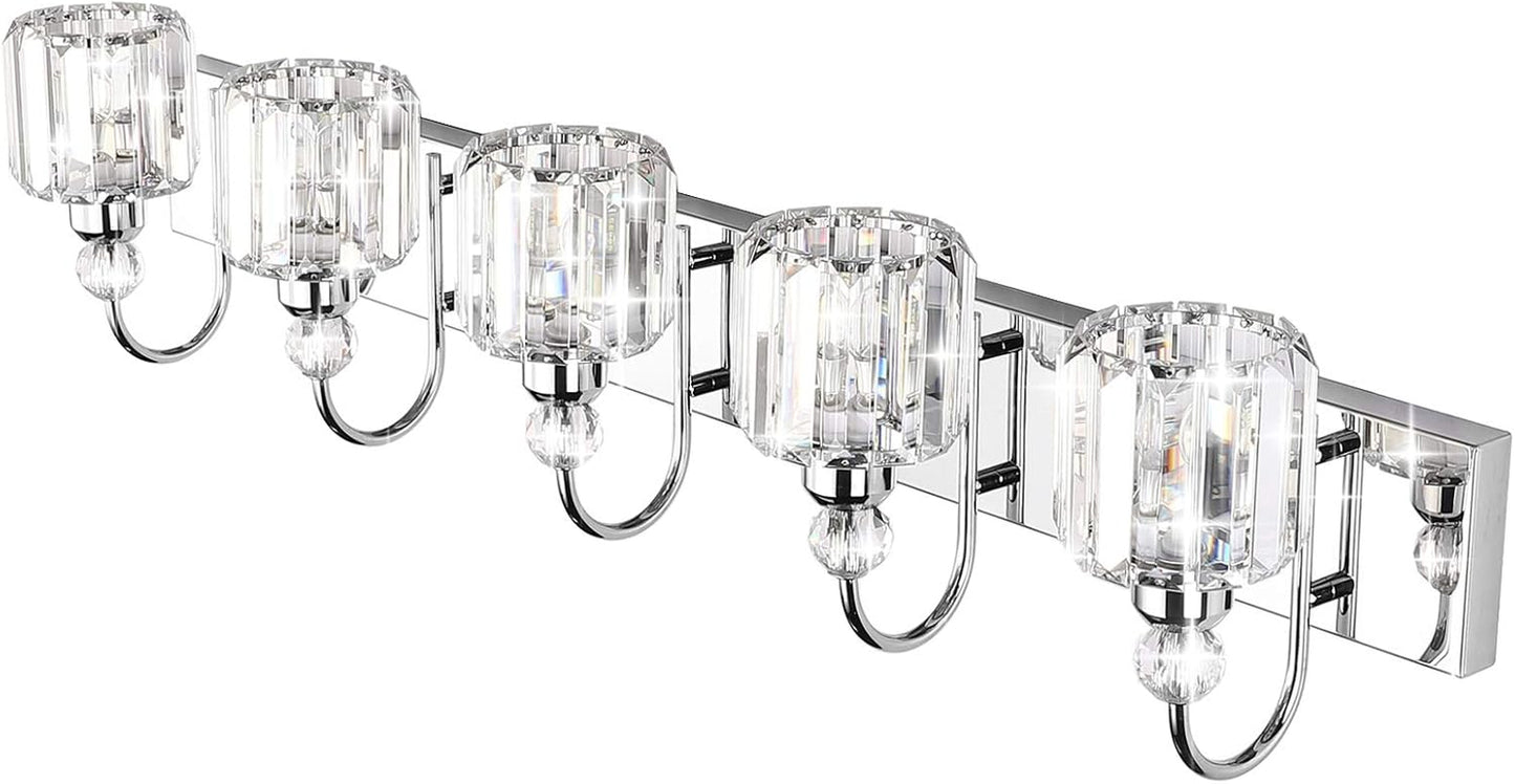 Modern LED Crystal Bathroom Vanity Lights 5-Lights Stainless Steel Crystal Vanity Lights over Mirror Modern Crystal Bathroom Vanity Lighting Fixtures