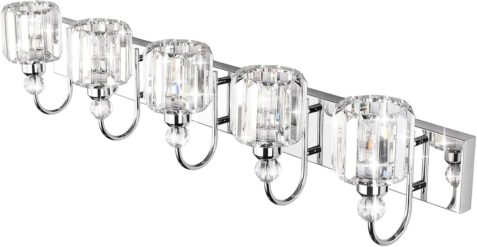 Modern LED Crystal Bathroom Vanity Lights 5-Lights Stainless Steel Crystal Vanity Lights over Mirror Modern Crystal Bathroom Vanity Lighting Fixtures