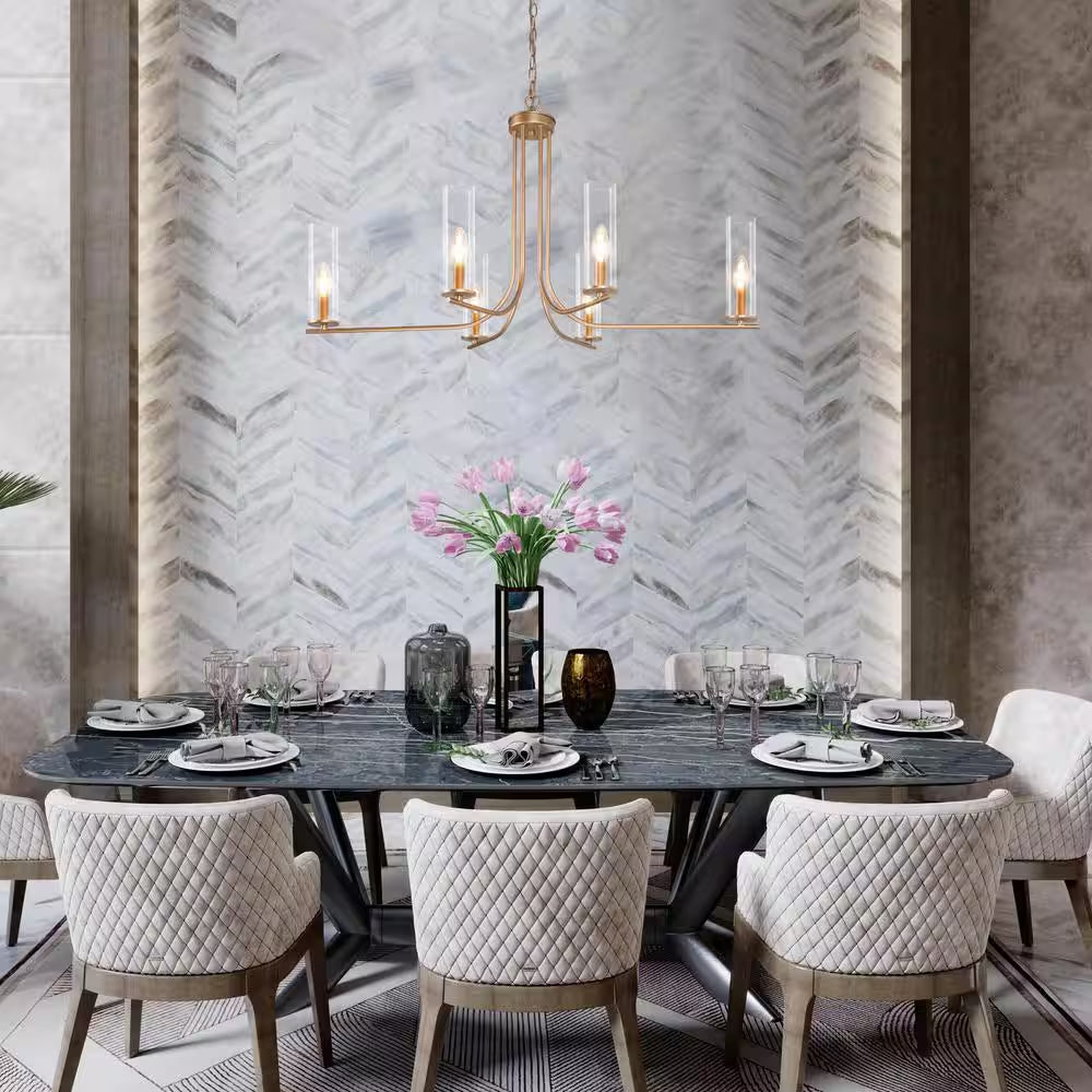 Modern Gold Chandelier 6-Light Contemporary Candlestick High Ceiling Light with Cylinder Clear Glass Shades