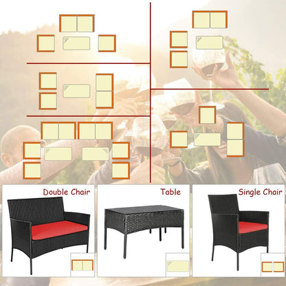 Set Patio Furniture Rattan Sofa Chair Outdoor 4Pcs Table Cushioned Garden Set