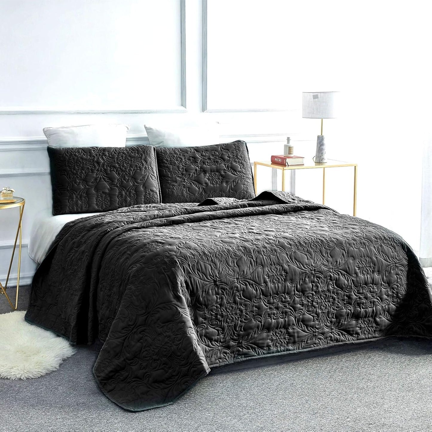 Sophia and William 2 Pieces Quilt Set Twin Size with 1 Quilt and 1 Pillow Sham, Reversible Microfiber Bedding Bedspread Coverlet Set, Cozy, Lightweight and Hypoallergenic, Black