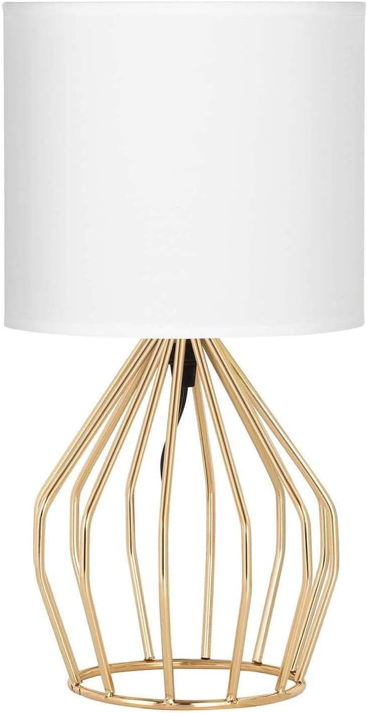 Gold Table Lamp - Modern Style Desk Lamp with Hollowed Out Base Linen Fabric Shade, Small Golden Bedside Lamp for Bedrooms, Living Room