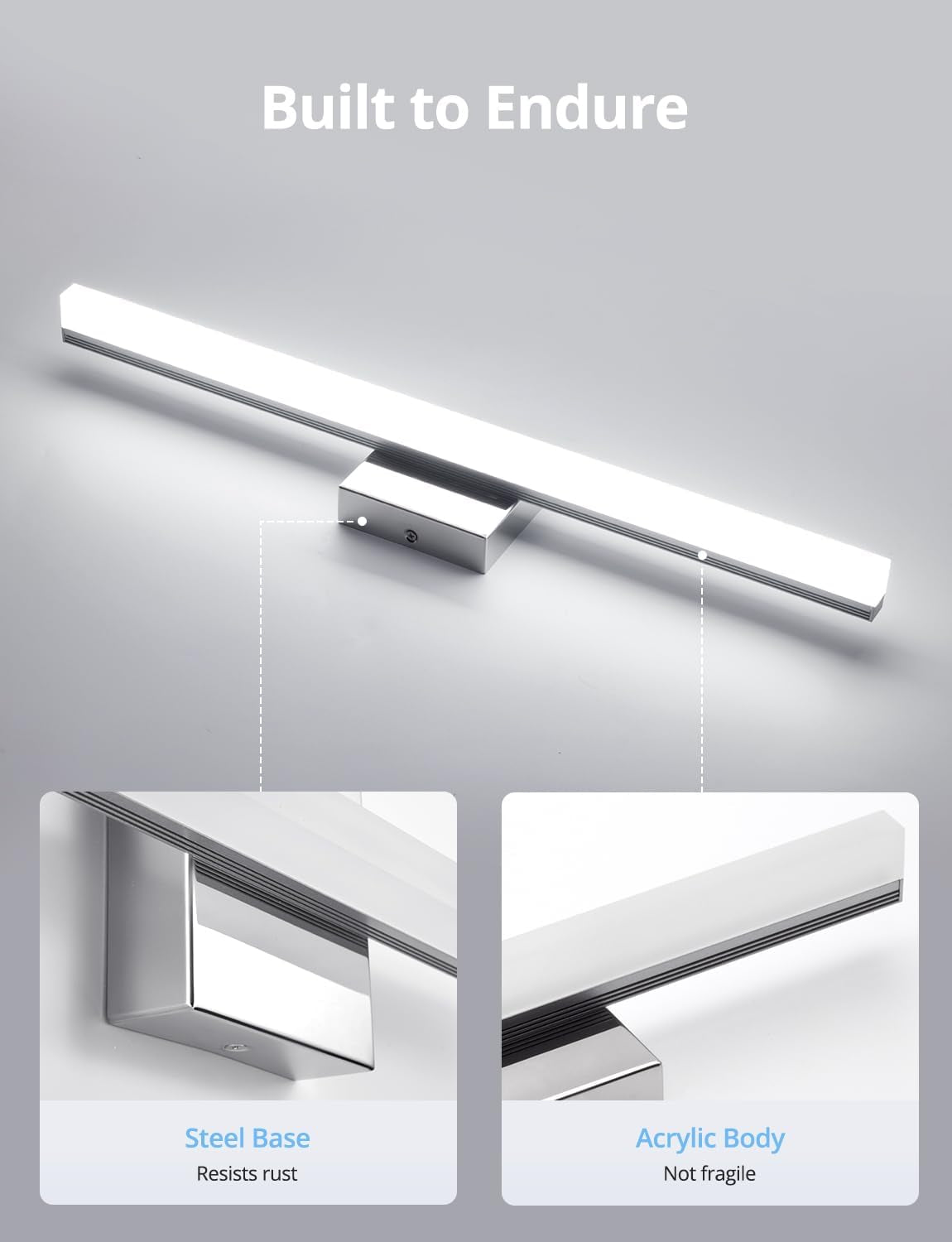 24 Inch Vanity Lights above Mirror Modern Gentle Lighting Bar for Bathroom, LED Lámparas Para Baño Sobre Espejo Modernas Chrome Long Restroom Lamp Fixtures for Makeup Daylight 6000K