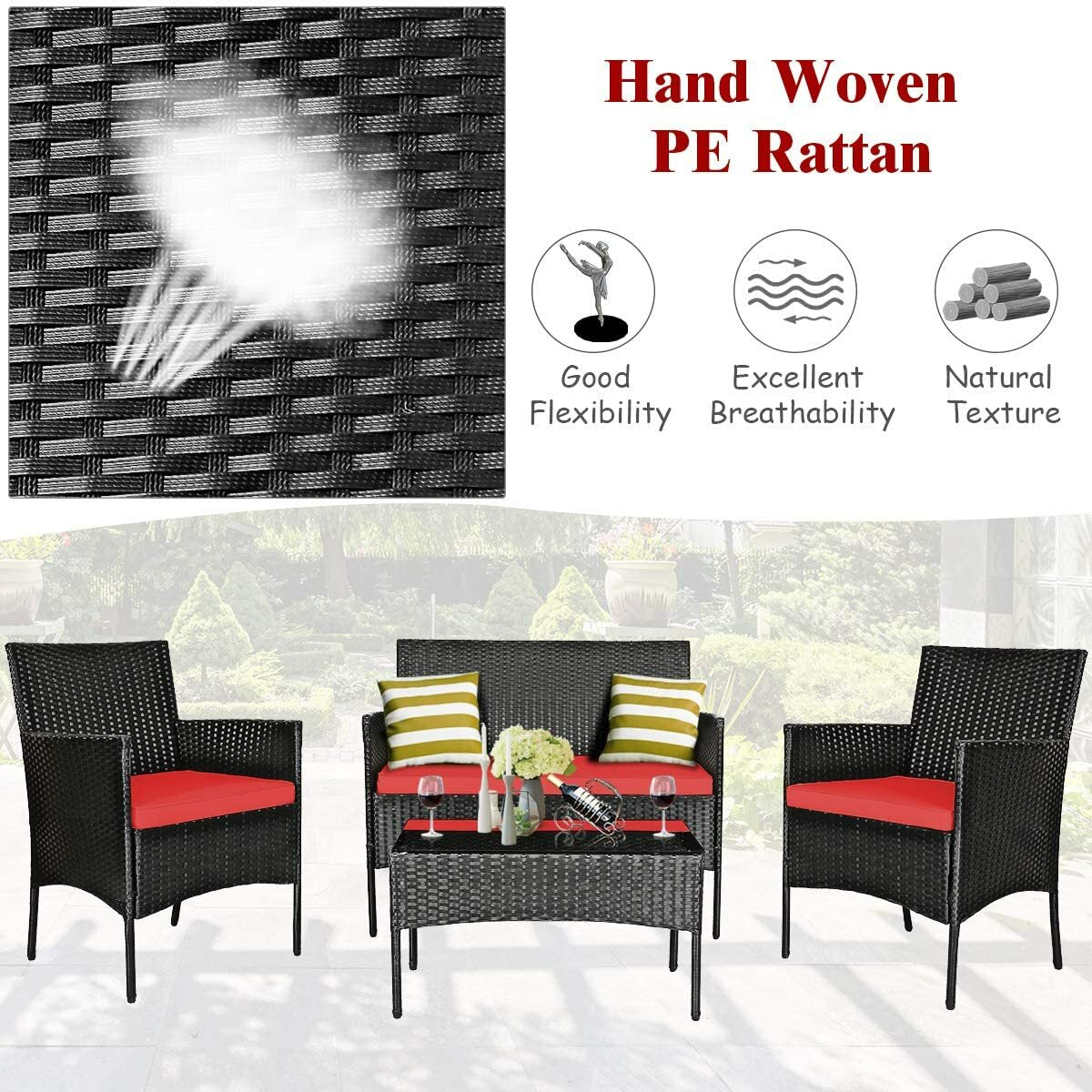 Set Patio Furniture Rattan Sofa Chair Outdoor 4Pcs Table Cushioned Garden Set