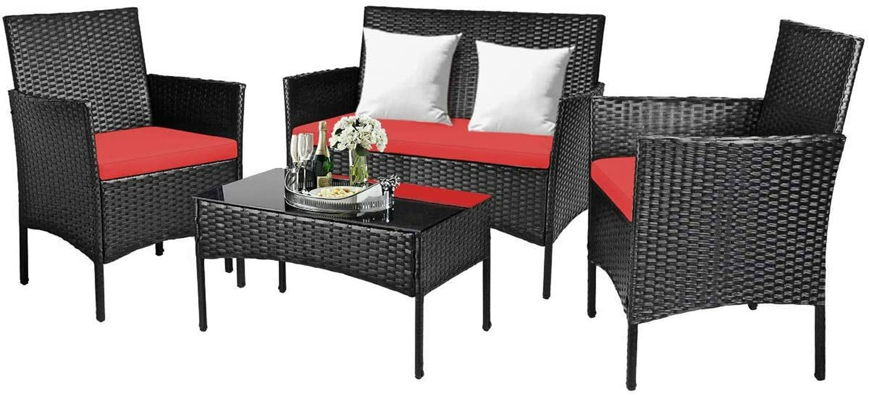 Set Patio Furniture Rattan Sofa Chair Outdoor 4Pcs Table Cushioned Garden Set