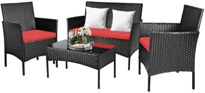 Set Patio Furniture Rattan Sofa Chair Outdoor 4Pcs Table Cushioned Garden Set