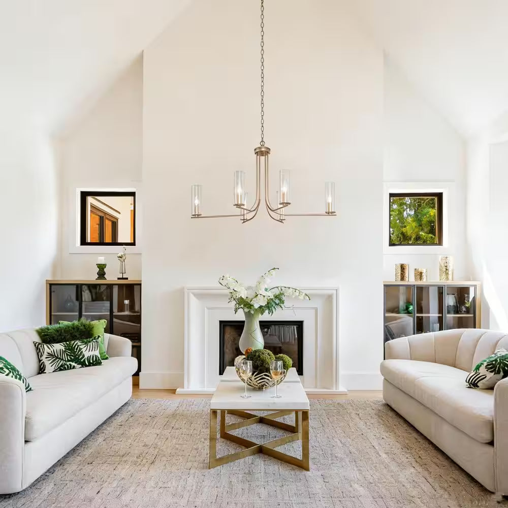 Modern Gold Chandelier 6-Light Contemporary Candlestick High Ceiling Light with Cylinder Clear Glass Shades