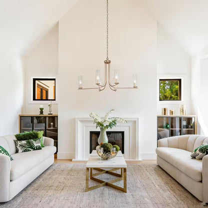 Modern Gold Chandelier 6-Light Contemporary Candlestick High Ceiling Light with Cylinder Clear Glass Shades