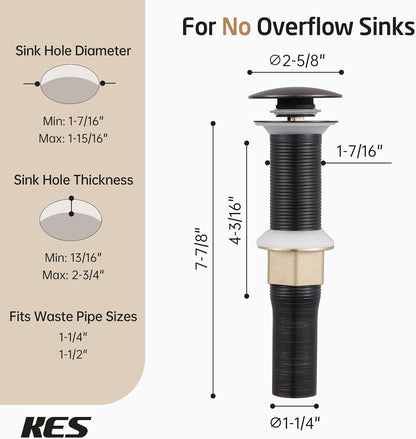 Bathroom Sink Drain with Strainer Basket Hair Catcher anti Clog Pop up Drain Stopper Vanity Vessel Sink without Overflow, Oil Rubbed Bronze S2013D-ORB