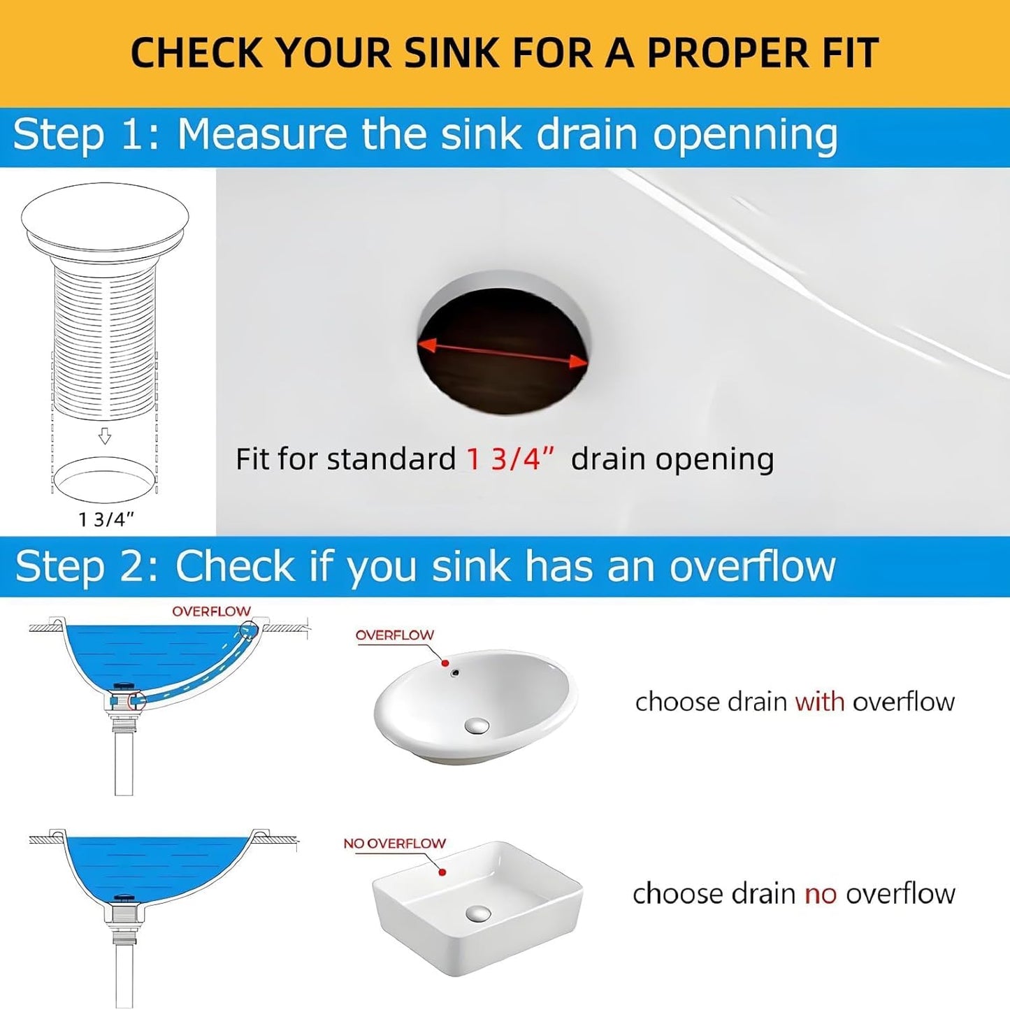 Bathroom Vessel Sink Drain without Overflow for Big 1 3/4" Drain Opening Only - Pop up Drain,Chrome,Y1618W-Ch