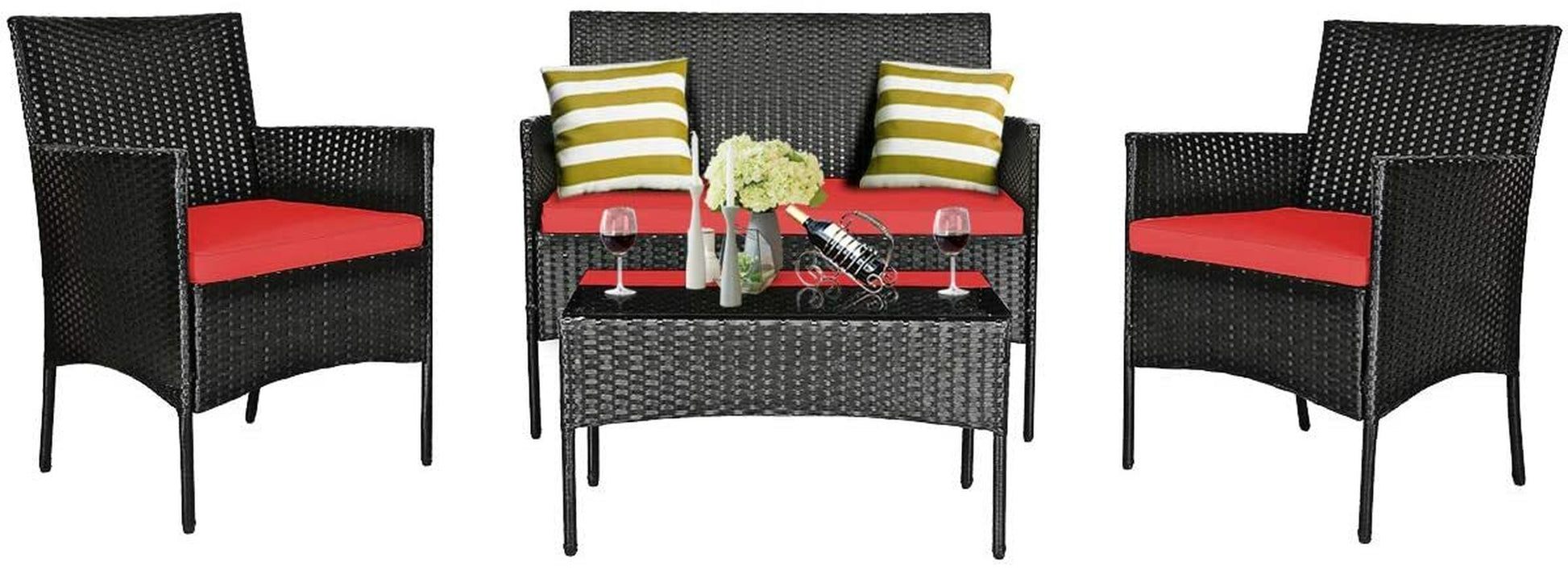 Set Patio Furniture Rattan Sofa Chair Outdoor 4Pcs Table Cushioned Garden Set