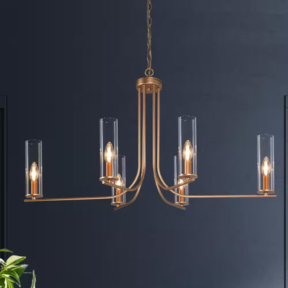 Modern Gold Chandelier 6-Light Contemporary Candlestick High Ceiling Light with Cylinder Clear Glass Shades