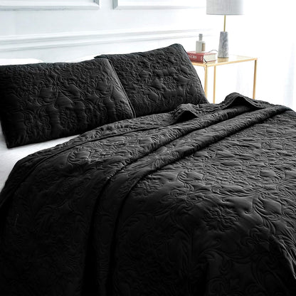 Sophia and William 2 Pieces Quilt Set Twin Size with 1 Quilt and 1 Pillow Sham, Reversible Microfiber Bedding Bedspread Coverlet Set, Cozy, Lightweight and Hypoallergenic, Black