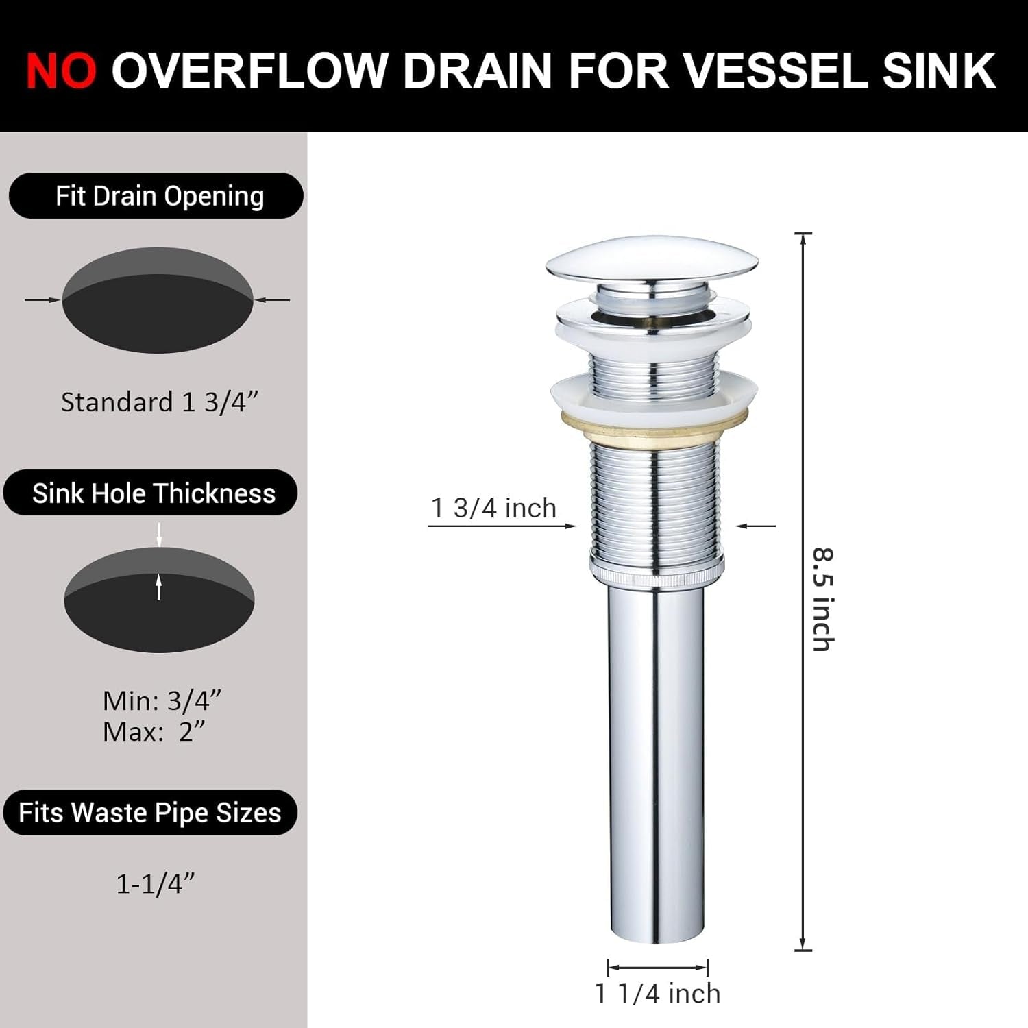 Bathroom Vessel Sink Drain without Overflow for Big 1 3/4" Drain Opening Only - Pop up Drain,Chrome,Y1618W-Ch