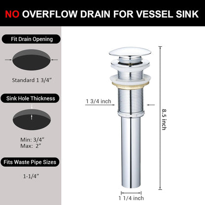 Bathroom Vessel Sink Drain without Overflow for Big 1 3/4" Drain Opening Only - Pop up Drain,Chrome,Y1618W-Ch