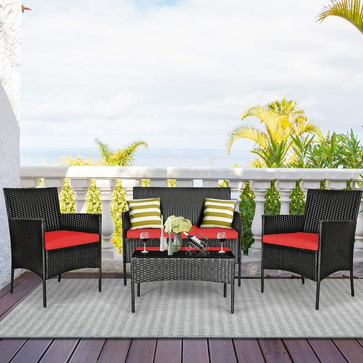 Set Patio Furniture Rattan Sofa Chair Outdoor 4Pcs Table Cushioned Garden Set