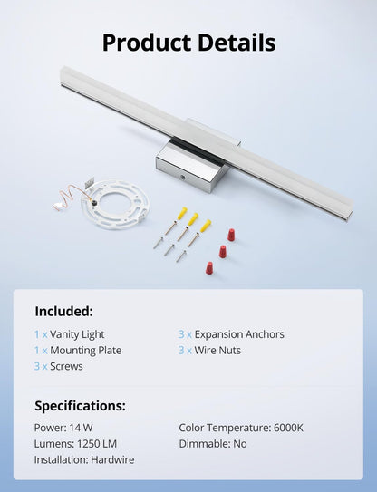 24 Inch Vanity Lights above Mirror Modern Gentle Lighting Bar for Bathroom, LED Lámparas Para Baño Sobre Espejo Modernas Chrome Long Restroom Lamp Fixtures for Makeup Daylight 6000K
